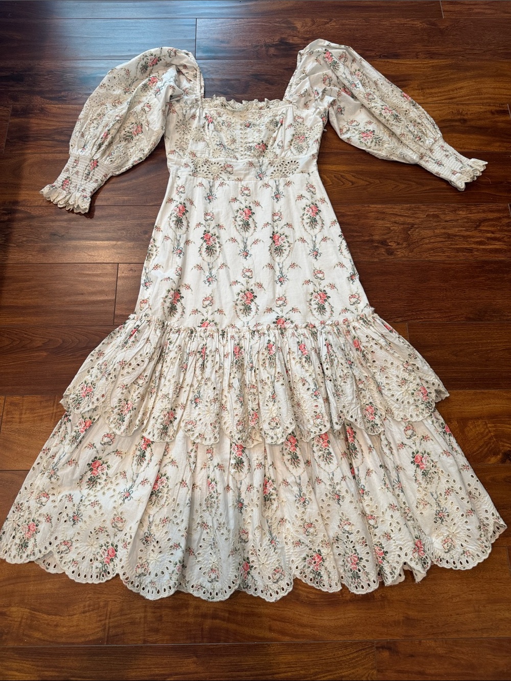 LoveShackFancy Floral Eyelet Cotton Midi Dress, Puff Sleeves, Size 4, EUC!